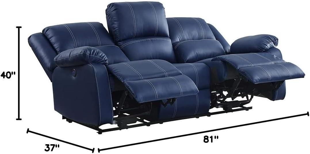 Blue Faux Leather Reclining Sofa with Pillow-Top Arms