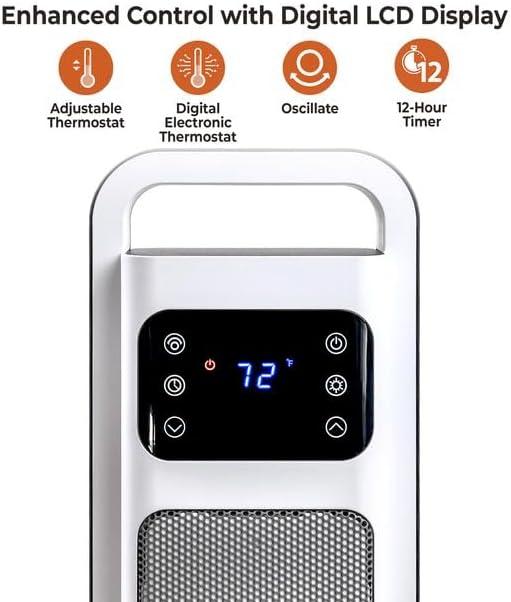 Comfort Zone 26" Oscillating Digital Tower Heater with Remote Control for Indoor Use, Adjustable Thermostat, Timer, Overheat Protection, Tip-Over Switch, Ideal for Home, Bedroom, & Office, HT1206-WHT