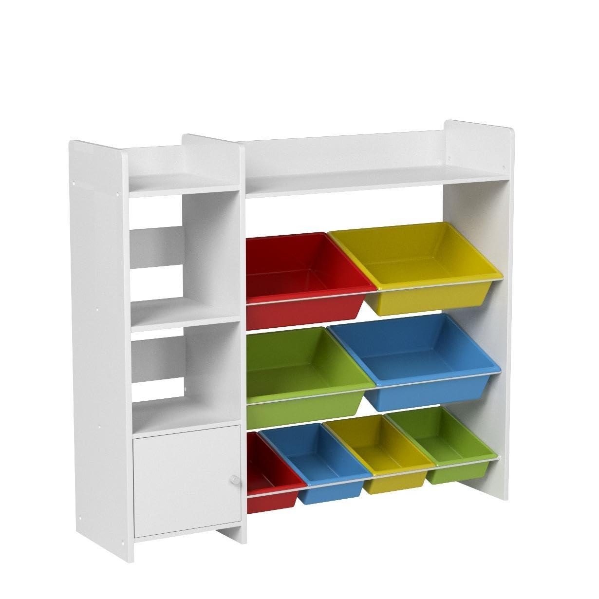 Sturdis Toy Storage Organizer with Bookshelf, Kids Playroom Organization Shelving Unit with Removable Colorful Storage Bins & Anti-Tip Bracket, White