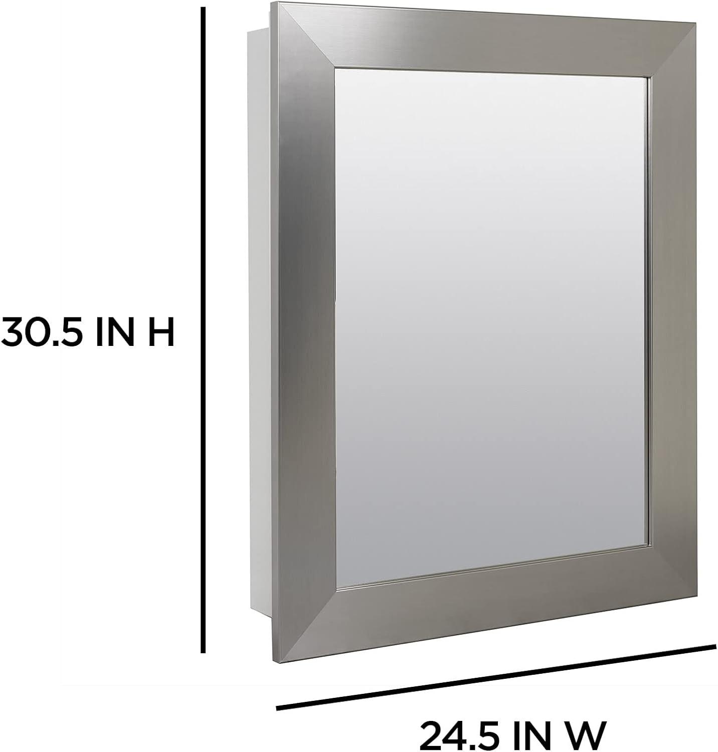 Zenna Home Recessed/Wall Mount Rectangle Framed Mirror Medicine Cabinet, 24.5"x30.5", Brushed Nickel