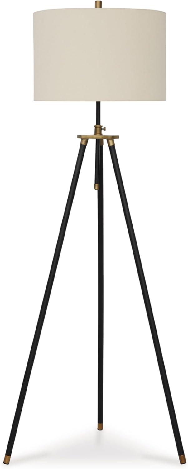 Adjustable Black and Gold Tripod Floor Lamp with Fabric Shade