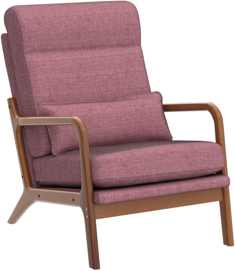 Ktaxon Mid Century Modern Accent Chair, Linen Fabric Armchair, Hight Back Single Sofa with Solid Wood Frame Pink