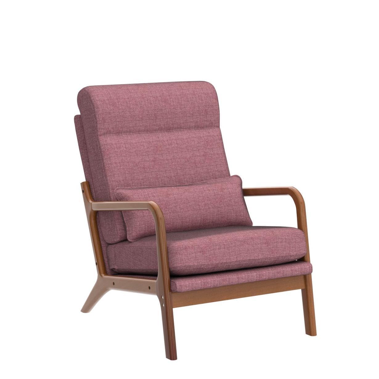Accent Chair Mid-Century Modern Chair with High Back, Upholstered Lounge Arm Chair with Wood Frame and Soft Cushion for Living Room Bedroom Reading Balcony, Pink