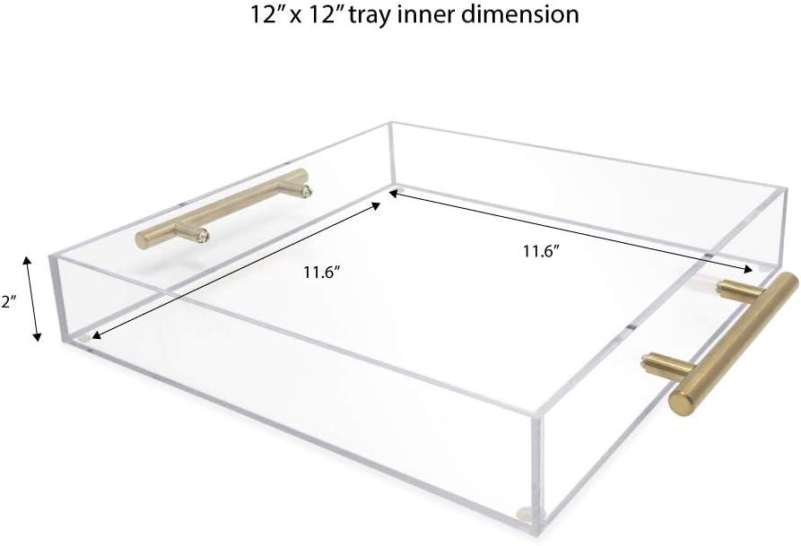 12"x12" Clear Acrylic Serving Tray with Golden Handles, Huge Capacity Sturdy Acrylic Tray for Coffee, Juice, Kitchen and Desk Organizer, Storage Tray (12"x12")