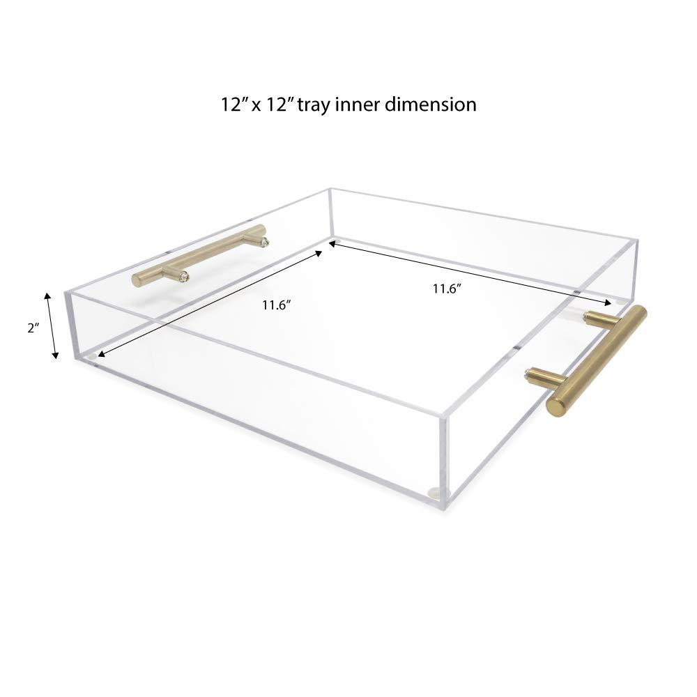 12"x12" Clear Acrylic Serving Tray with Golden Handles, Huge Capacity Sturdy Acrylic Tray for Coffee, Juice, Kitchen and Desk Organizer, Storage Tray (12"x12")