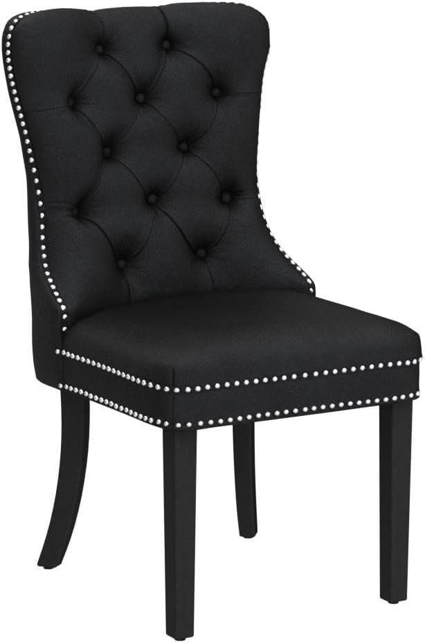 Westice Dining Chairs Set of 2, Button Tufted Velvet Chairs for Kitchen, Mid-Century Armless Chairs with Rivet Trim Metal Pull Ring Large Back Acrylic Legs for Room Dining, Black