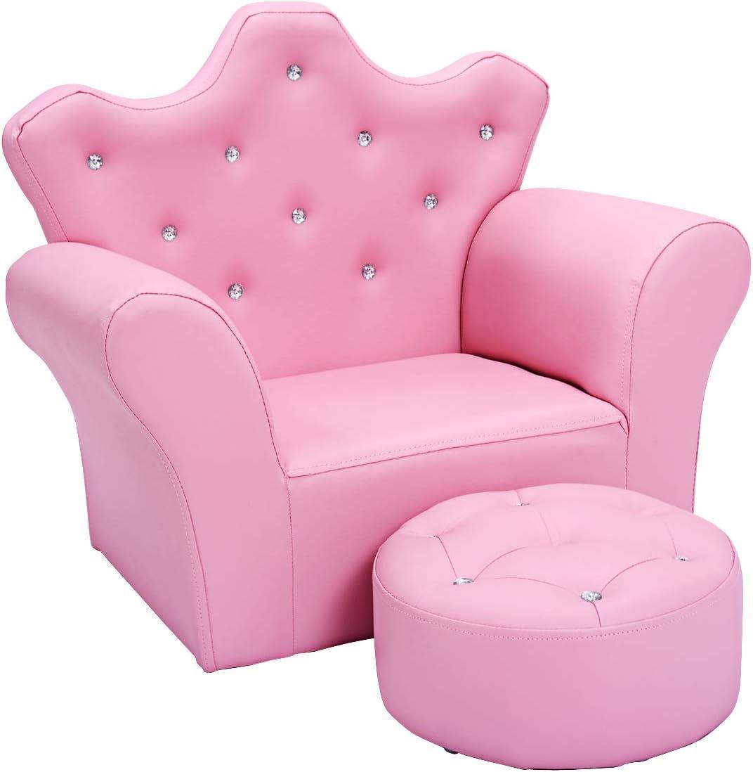 Pink Princess Leather Armchair with Ottoman and Diamond Accents