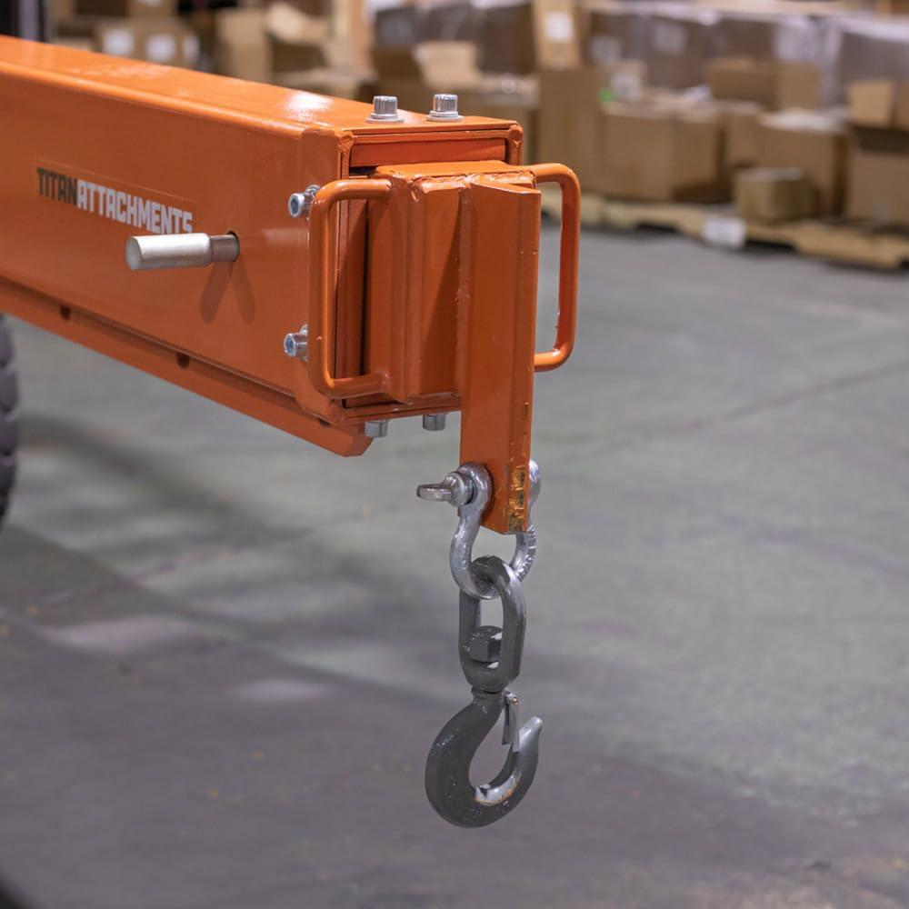 Titan Attachments Fork Mounted Adjustable Hoist Jib Boom Crane, Manual Telescopes 79"-147", 6000 LB Lift Capacity, Two 3 Ton Swivel Hooks, Ideal for Warehouse or Factories