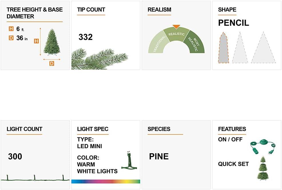 Glitzhome 6ft Pre-Lit Flocked Pencil Pine Artificial Christmas Tree with 300 Warm White Lights