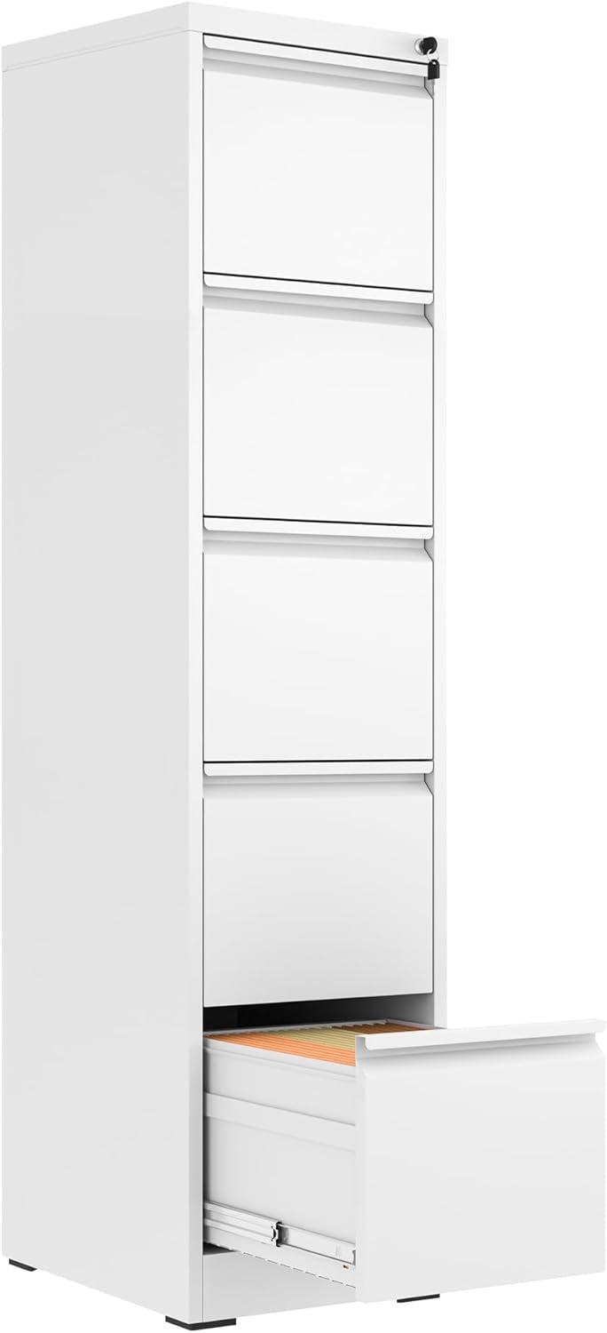 White Vertical 5-Drawer Lockable Metal Filing Cabinet