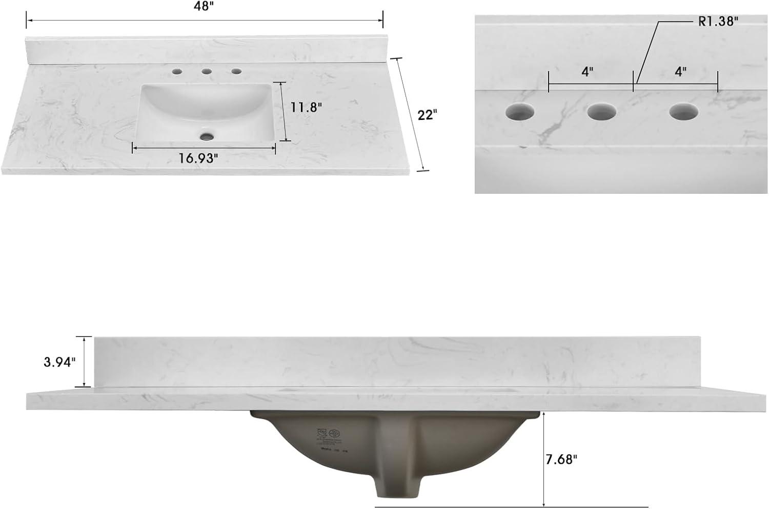 48" White Engineered Stone Vanity Top with Center Sink