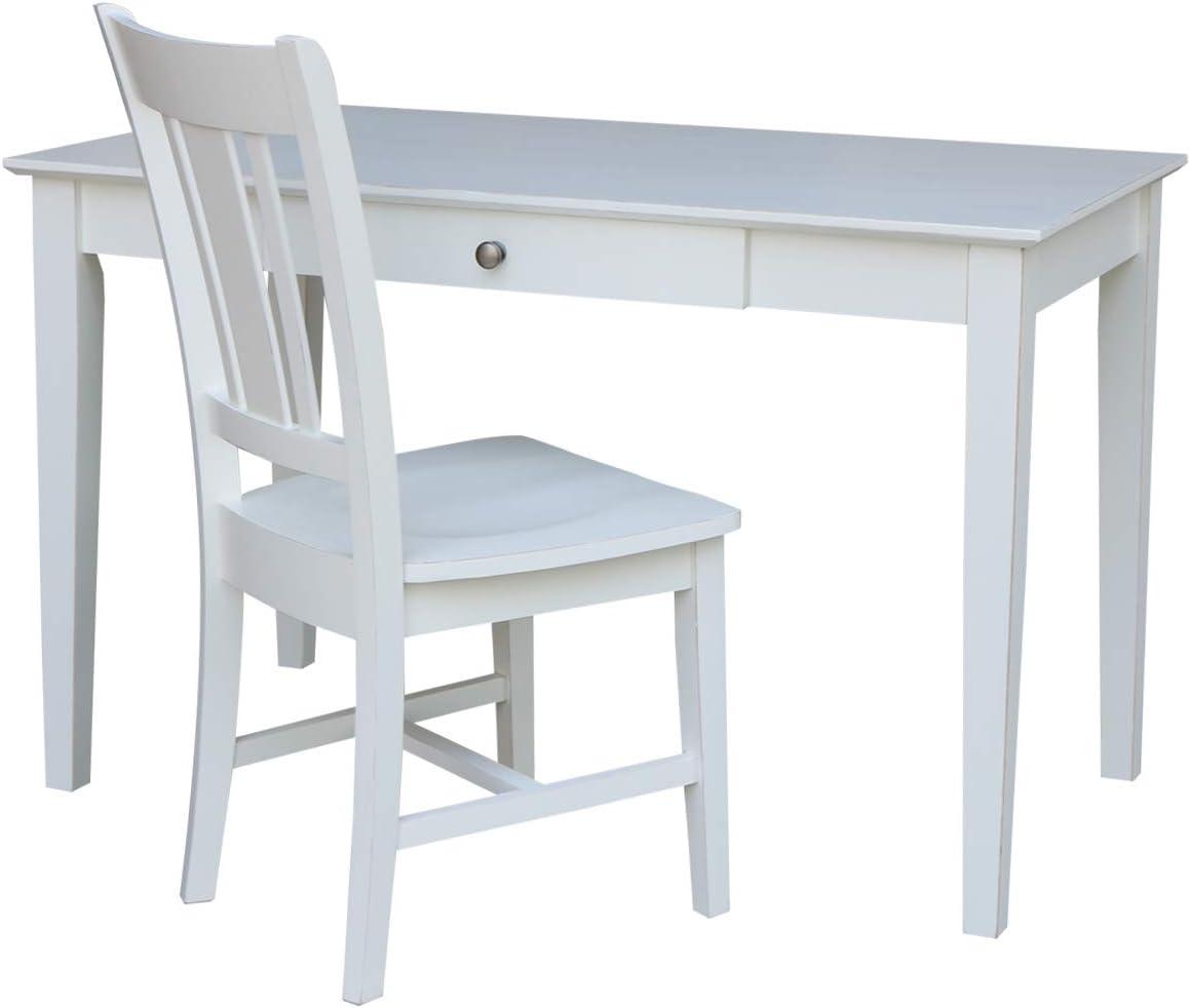 Beach White Solid Hardwood Desk with Drawer and Chair Set