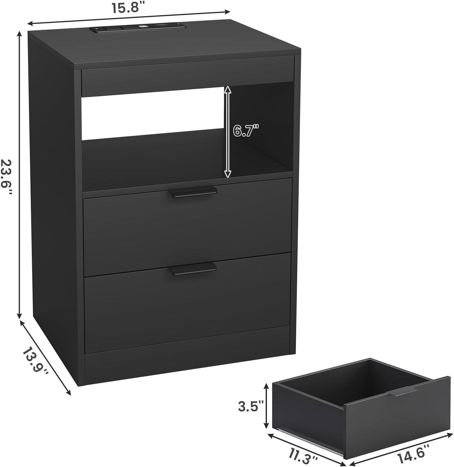 Exlonjet Black Nightstand with Wireless Charging Station and LED Lights, Bedside Table with 2 Drawers, Open Storage, 1 Pull-Out Tray, End Side Table with Charging Station, LED Night Stand with Storage