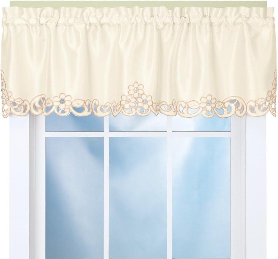 Collections Etc Elegance Scroll Embroidered Cut-Out Window Valance with Rod Pocket Top for Easy Hanging, 58" W x 13" L, Cream