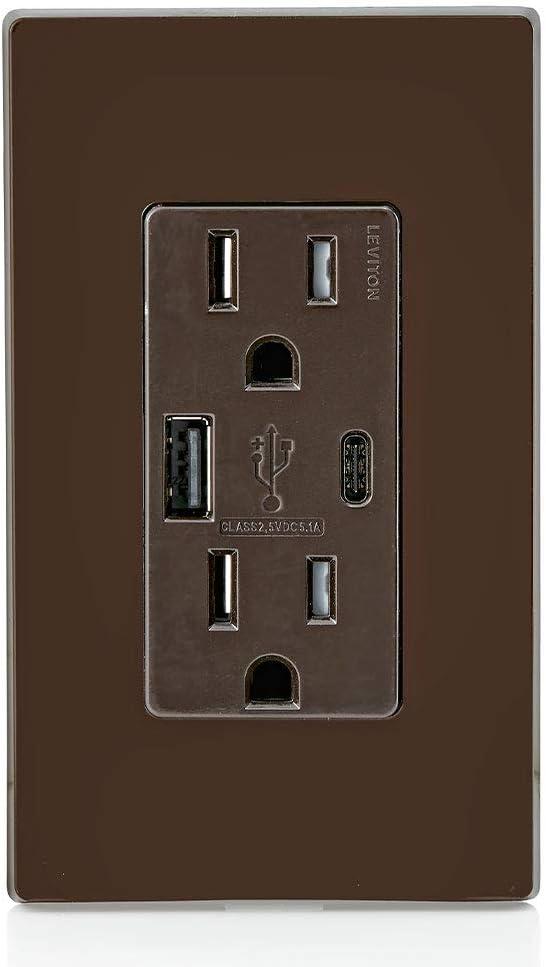 Leviton T5633-B Decora USB Type-A/Type-C Wall Outlet Charger, 15A, Brown