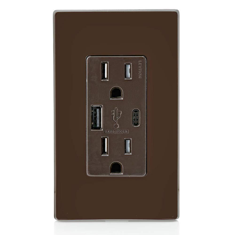 Leviton T5633-B Decora USB Type-A/Type-C Wall Outlet Charger, 15A, Brown