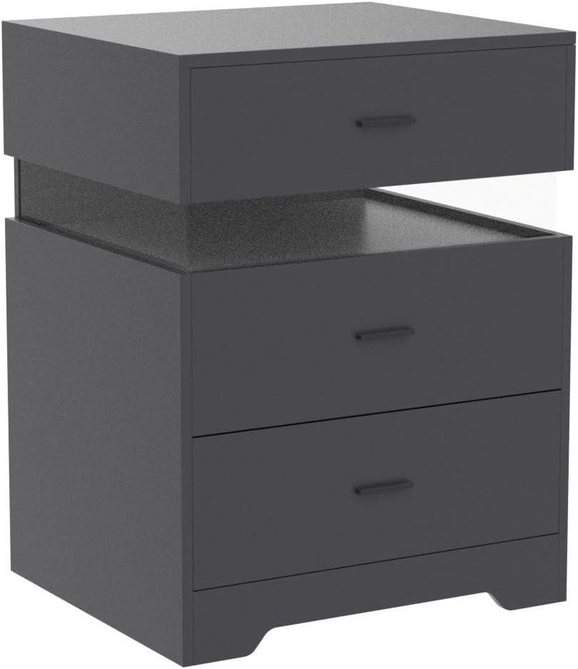 Nightstand with Acrylic LED Light, End Side Table with Charging Station and 3 Drawers, Bedside Table for Bedroom, Black