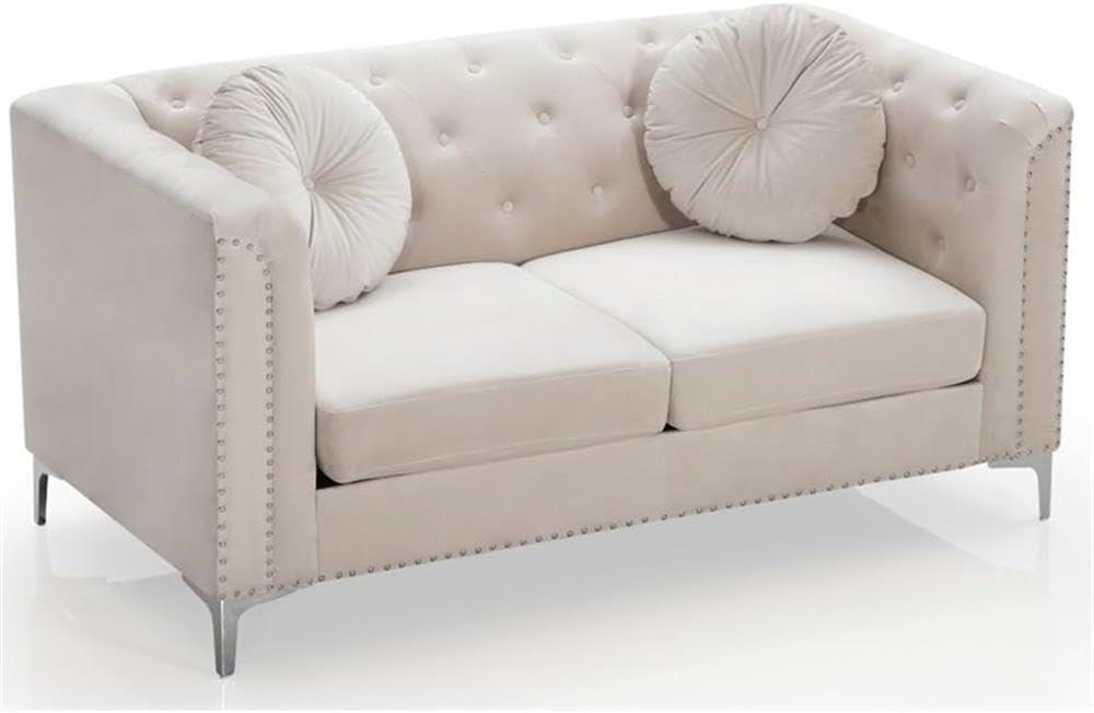 Ivory Velvet Tufted Loveseat with Nailhead Trim