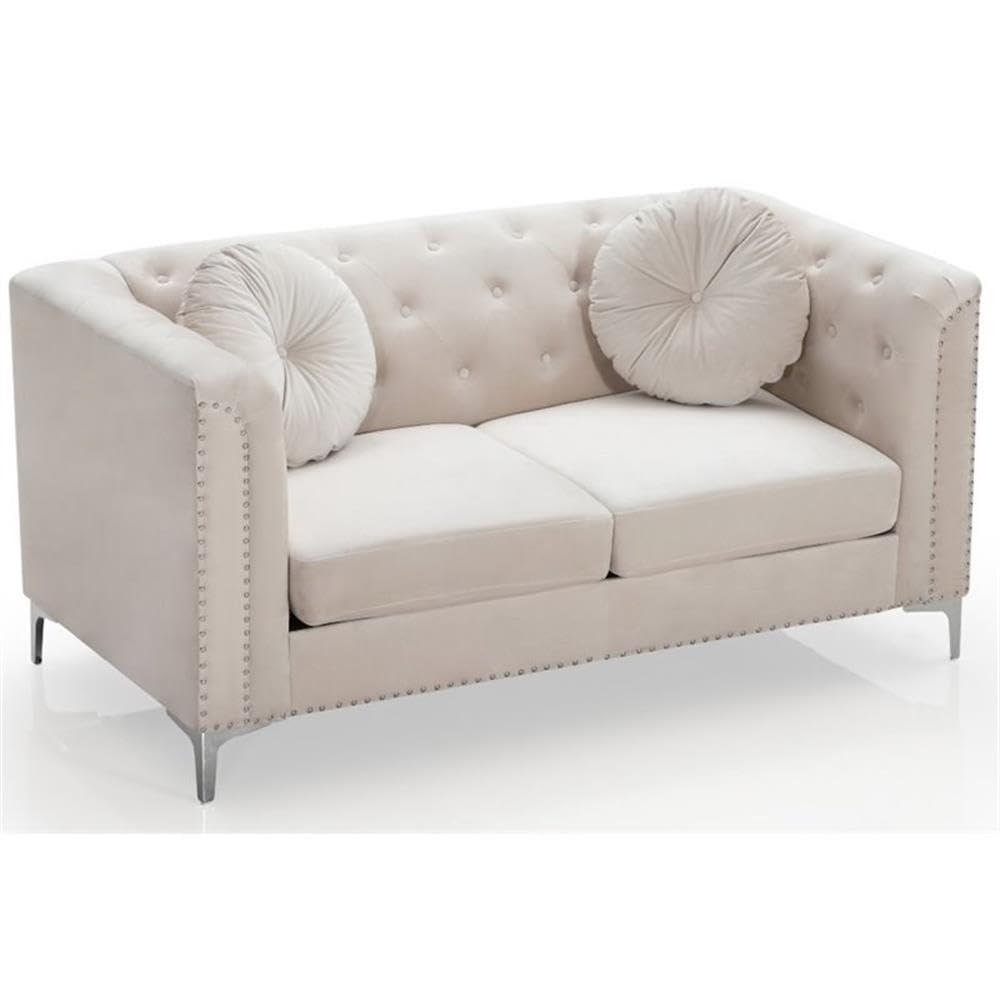 Ivory Velvet Tufted Loveseat with Nailhead Trim