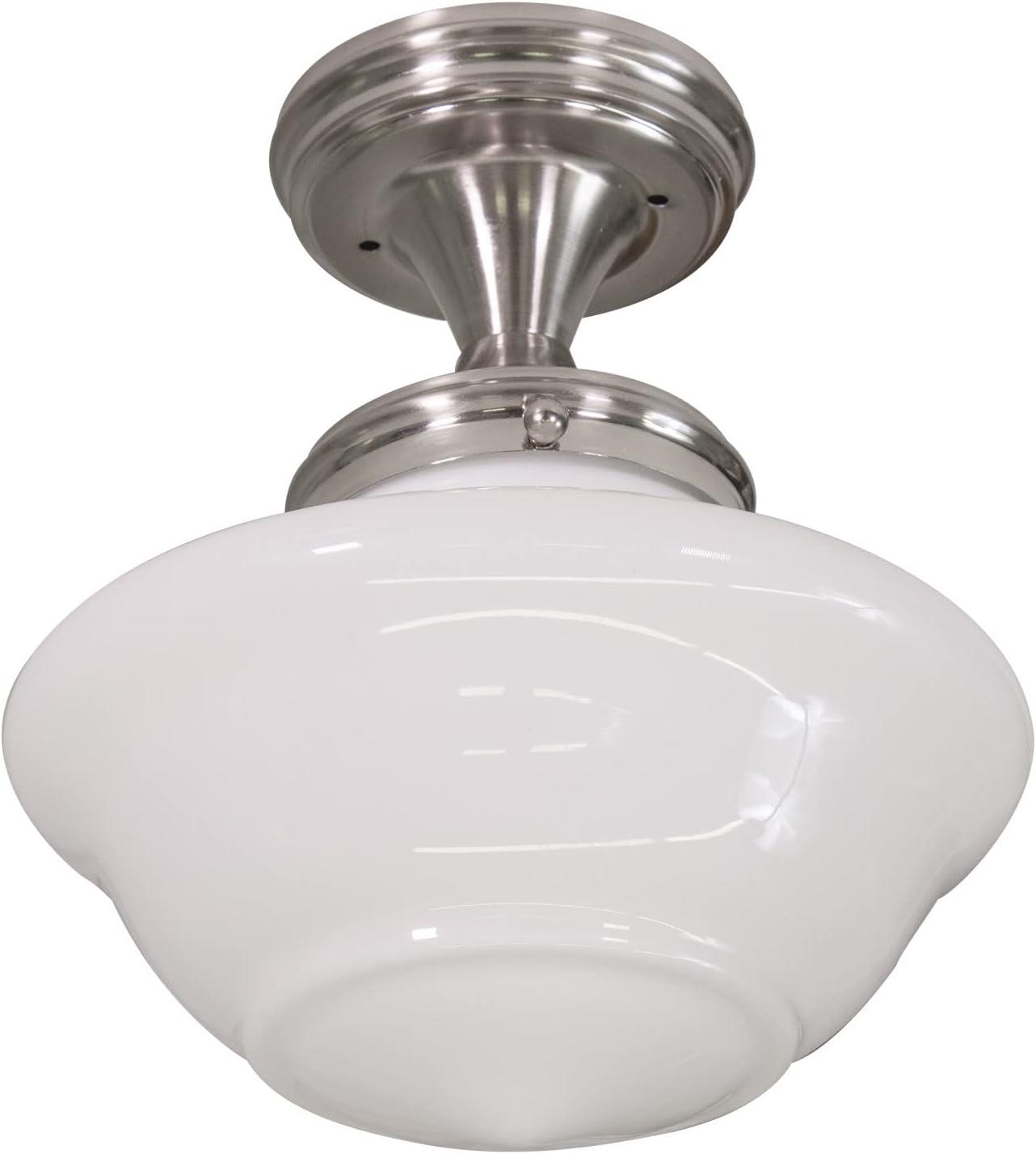 Design House 577494 Schoolhouse Semi Flush Mount Modern Vintage Farmhouse Indoor Dimmable Ceiling Light with White Glass for Entryway Hallway Kitchen Dining Bar Area, Satin Nickel