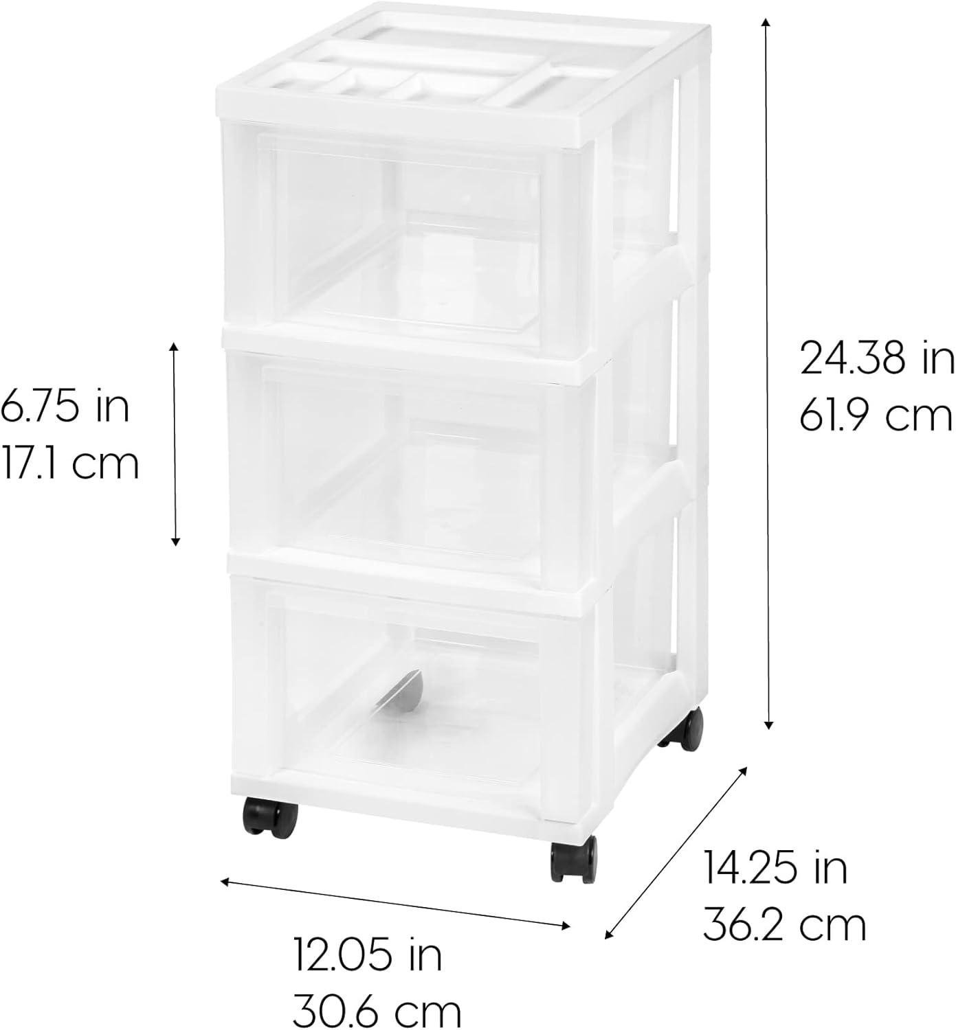 IRIS USA 3-Drawer Storage Cart with Organizer Top with Wheels, Plastic, White