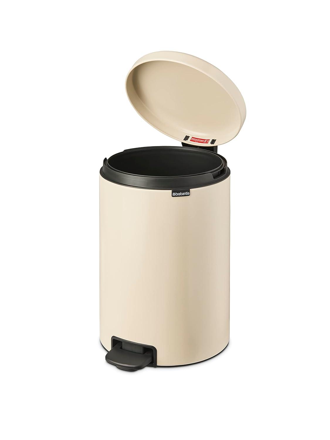 Soft Beige Round Plastic Step-On Kitchen Trash Can, 5.3 Gallons