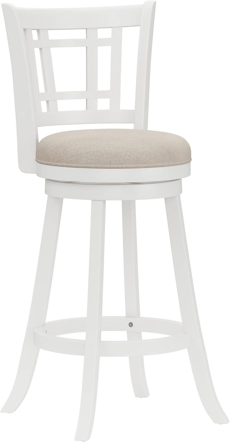 Elegant White Swivel Bar Stool with Beige Fabric Seat and Wood Accents