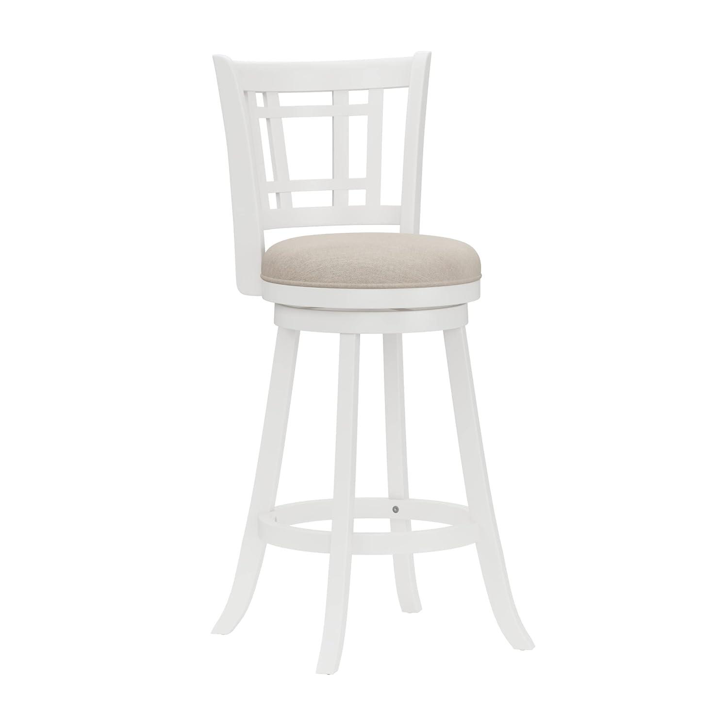 Elegant White Swivel Bar Stool with Beige Fabric Seat and Wood Accents