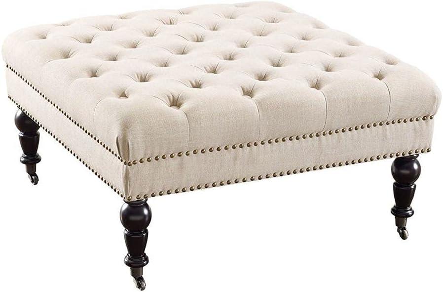 Isabelle 35" Tufted Linen Ottoman with Nailhead Accents