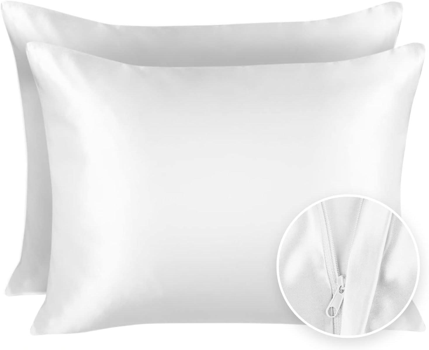 Blissford Luxury White Satin Pillowcase with Zipper Closure, Standard 2-Pack