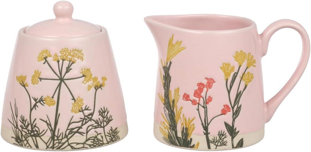 Elegant Pink Floral Porcelain Sugar Bowl and Creamer Set