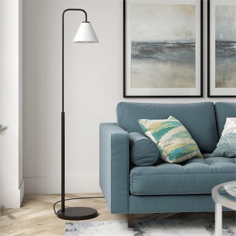 Evelyn&Zoe Henderson Arc Floor Lamp with Glass Shade, Brass/White Milk
