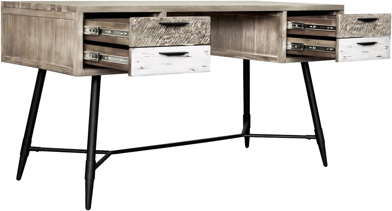 Transitional Two-Tone Acacia Wood Desk with Sleek Black Base