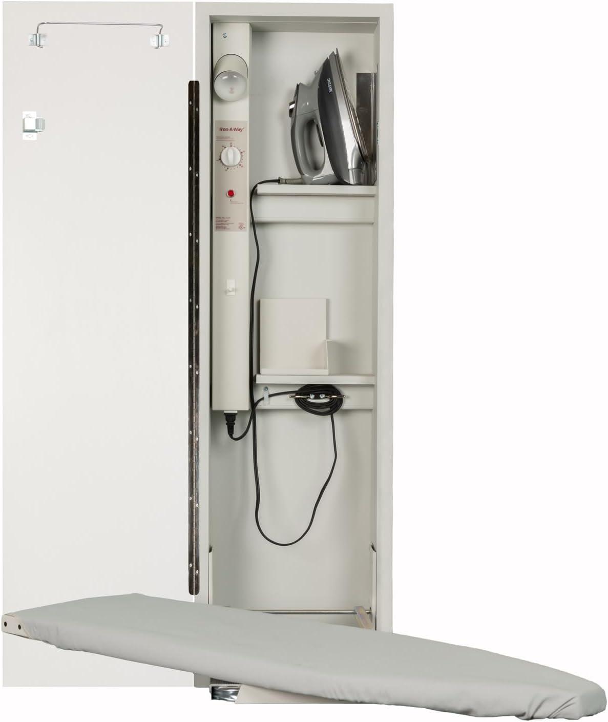 Iron-A-Way AE-42-L Ironing Center - 42 Inch Built-in Swiveling Ironing Board with Electric System, Light and Timer - Left Hinged Door - Flat White