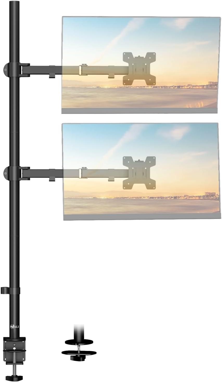 WALI Stacked Monitor Mount, Dual Monitor Stand Vertical for 2 Computer Screens Max 27'', Vertical Monitor Mount for Desk Holds up to 22lbs with Mounting Holes 75/100mm (M12XXL), Black
