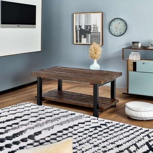 Alaterre Furniture 42" Pomona Wide Coffee Table Wood Rustic Natural: Fixed Shelf, Metal Frame, Living Room Furniture
