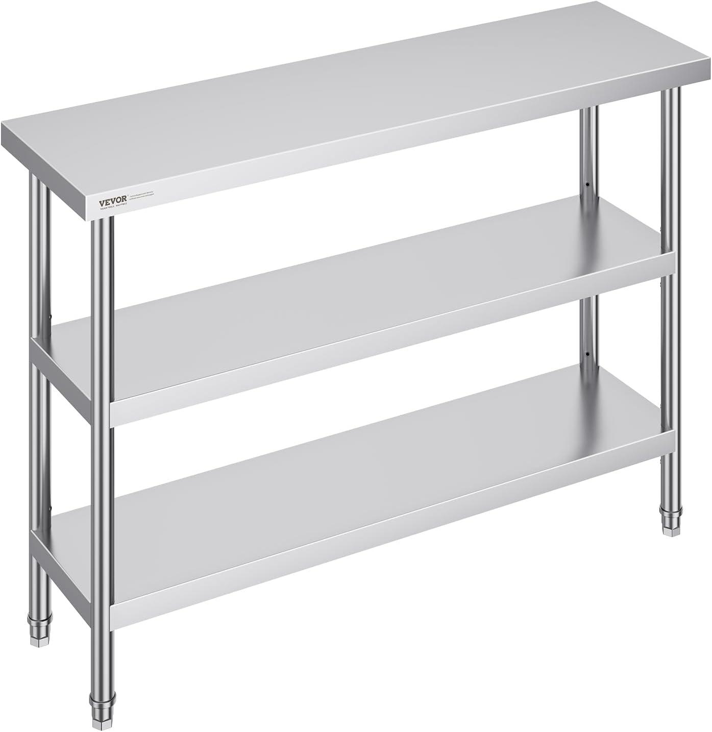 VEVOR Stainless Steel Food Prep Table, 14 x 48 x 34 Inch Commercial Kitchen Worktable, with 2 Adjustable Undershelf, Heavy Duty Prep Metal Work Tables for BBQ, Kitchen, Home, and Garage