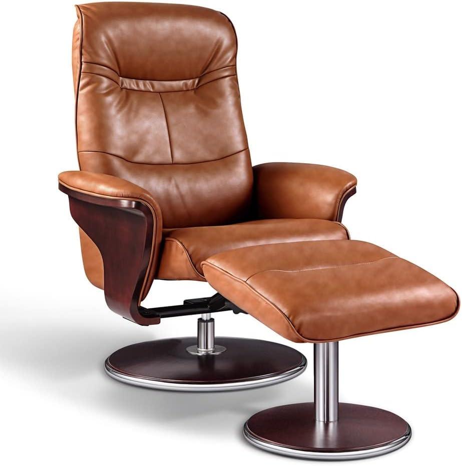 Modern Brown Leather Swivel Recliner with Ottoman