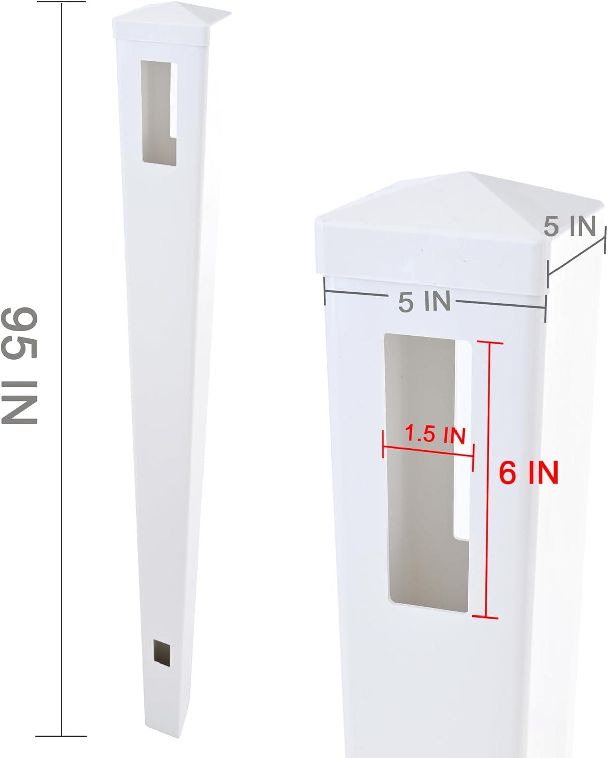 Vinyl Garden Line Fence Post, for 6ft (72" W x 72" H) Height,Caps Included Vinyl White (5" W x 95" H), Set of 2