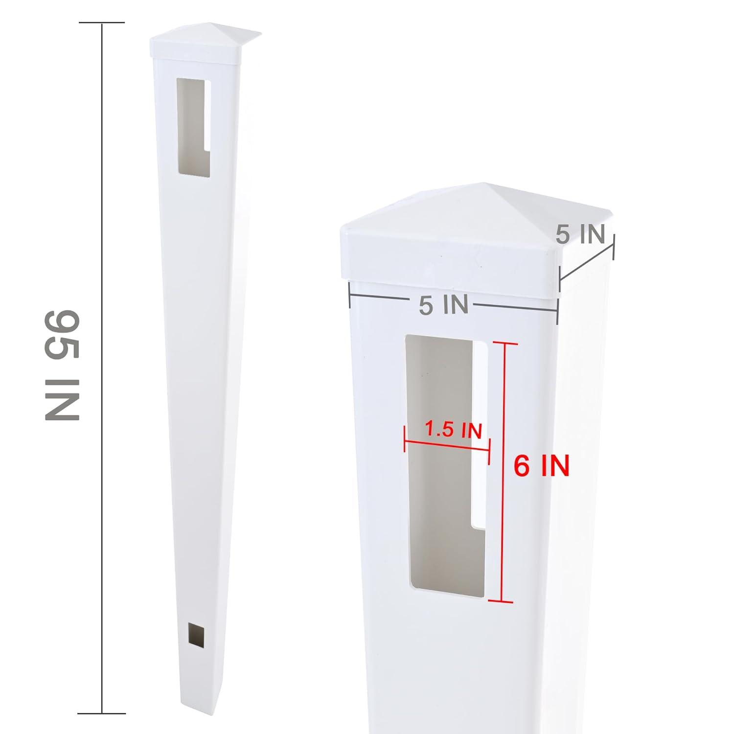 Vinyl Garden Line Fence Post, for 6ft (72" W x 72" H) Height,Caps Included Vinyl White (5" W x 95" H), Set of 2