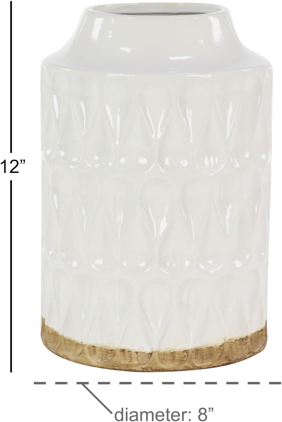 DecMode 12" Geometric White Porcelain Vase with Brown Base