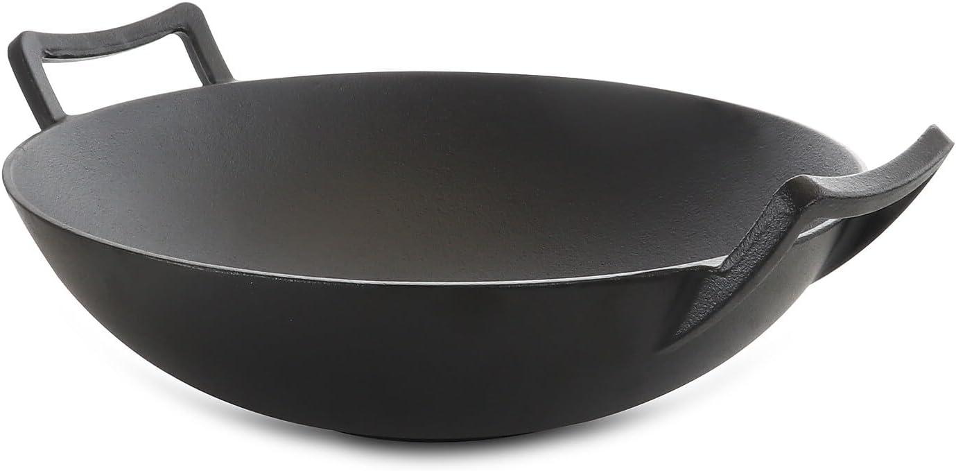 MegaChef 14 Inch Heavy Duty Cast Iron Wok with Wood Lid