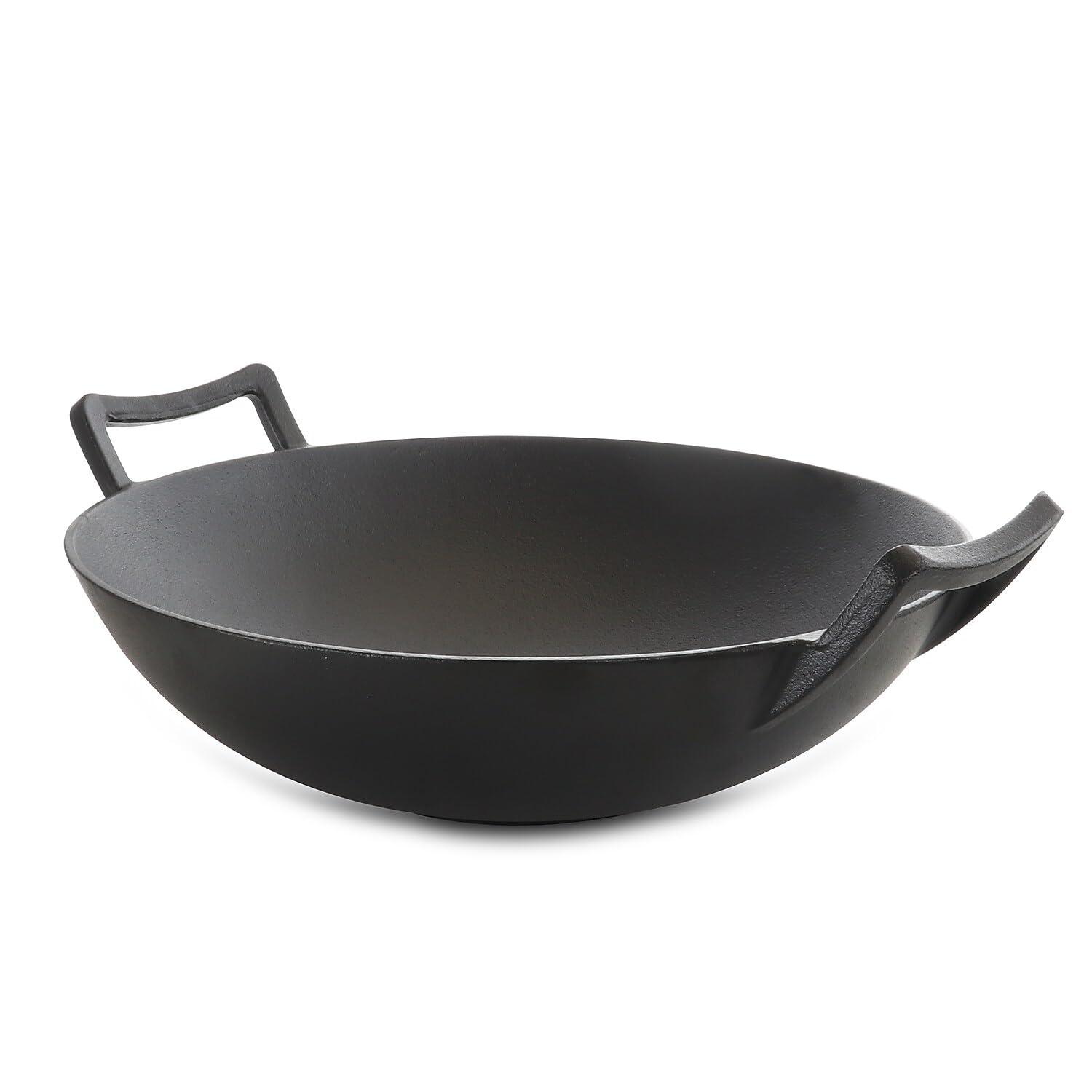 MegaChef 14 Inch Heavy Duty Cast Iron Wok with Wood Lid