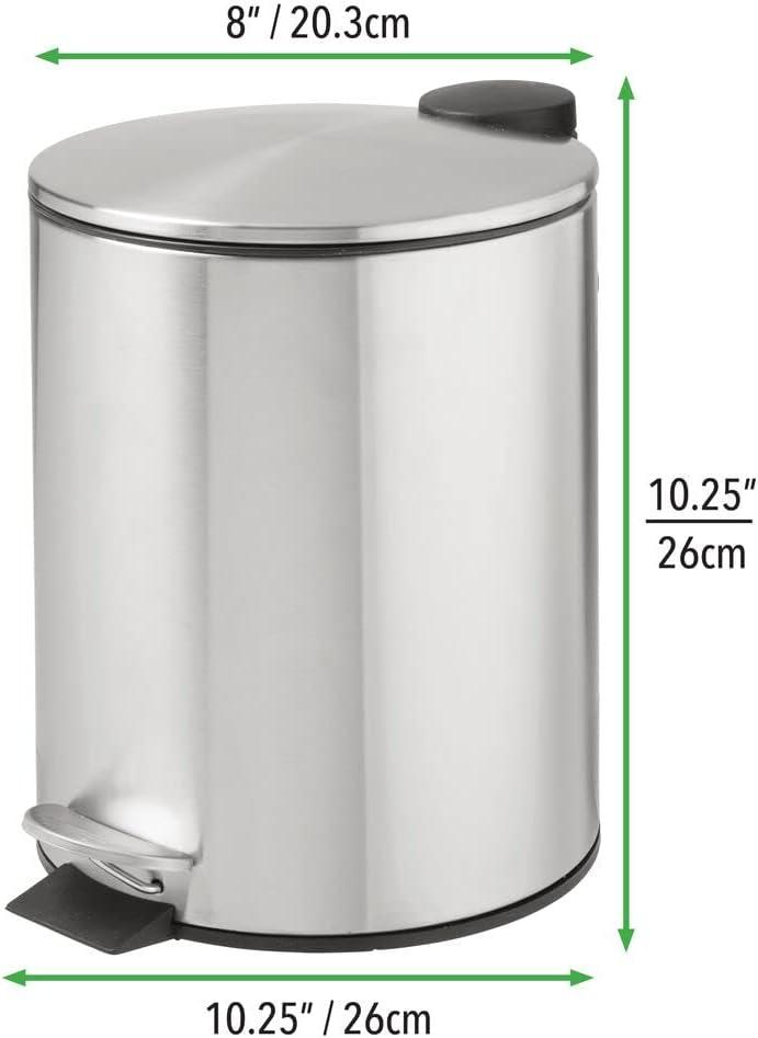 mDesign Round Metal 1.3 Gal Step Trash Can, Lid, Removable Liner, Brushed/Chrome