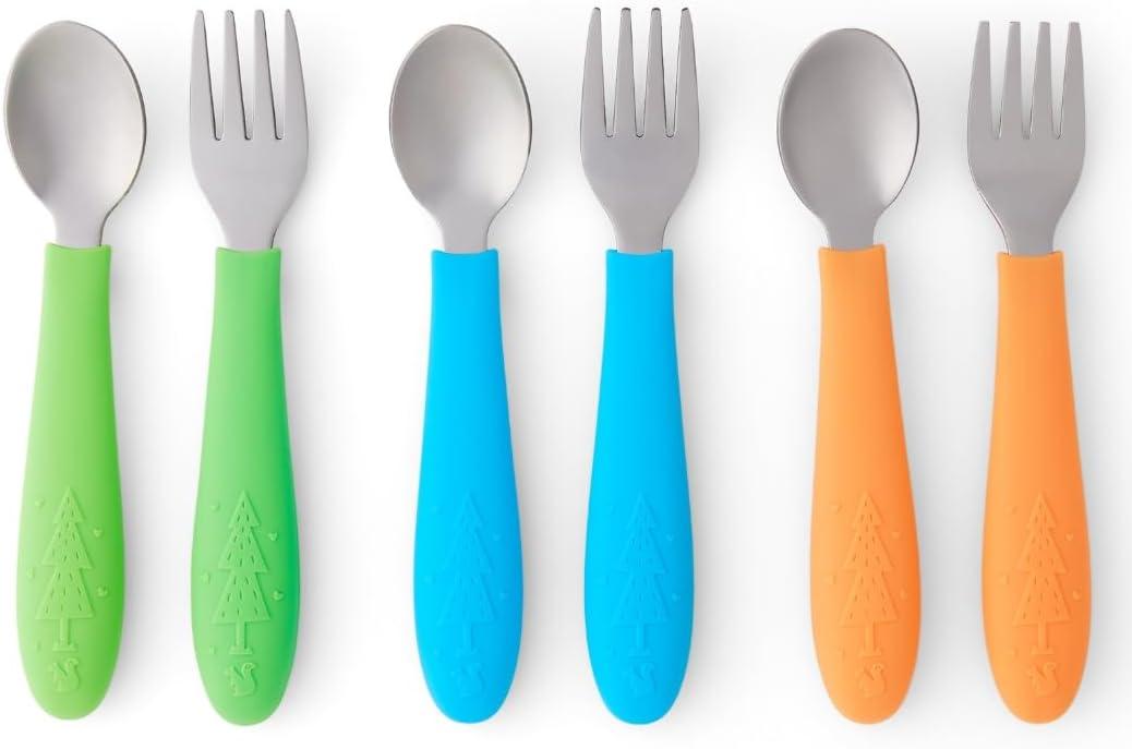 Kids Stainless Steel Silverware with Silicone Handles in Green, Orange, and Blue