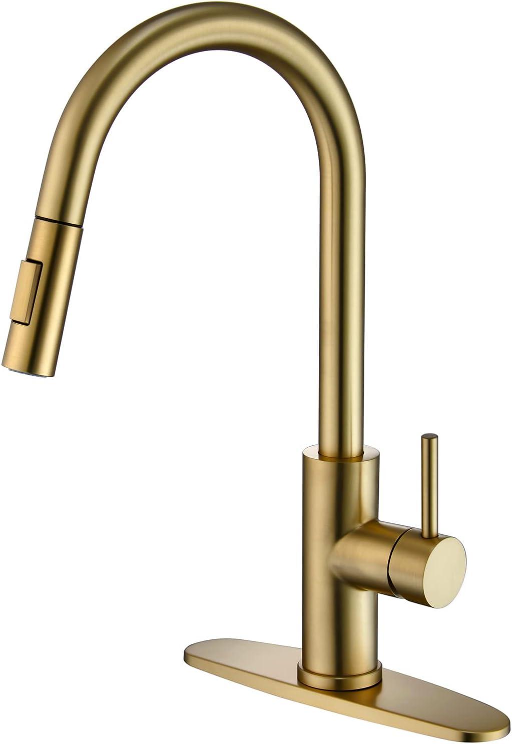 Kitchen Faucet Single Handle Stainless Steel Kitchen Sink Faucet with Pull Out Sprayer Brushed Gold Sprayer and Handle