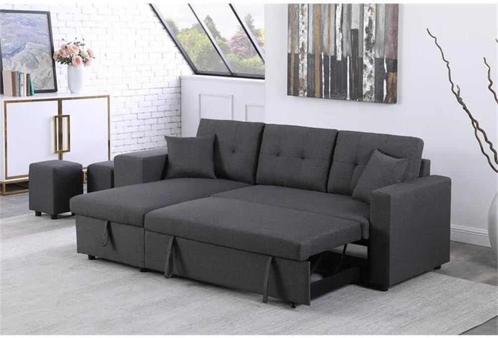 Lilola Home Linen Reversible Sleeper Sectional Sofa with Chaise Stools, Gray
