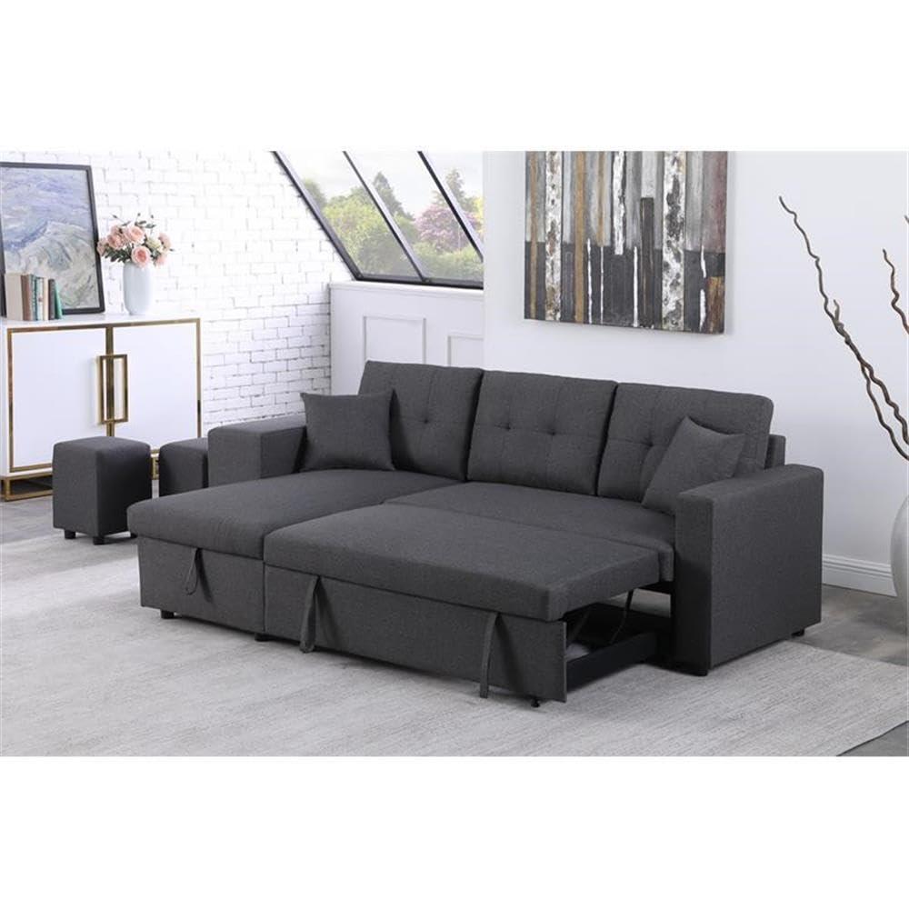 Lilola Home Linen Reversible Sleeper Sectional Sofa with Chaise Stools, Gray