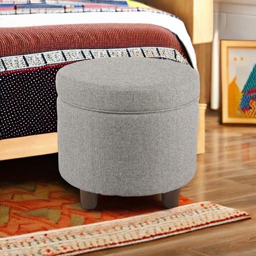 Mid-Century Modern Round Light Gray Tweed Storage Ottoman