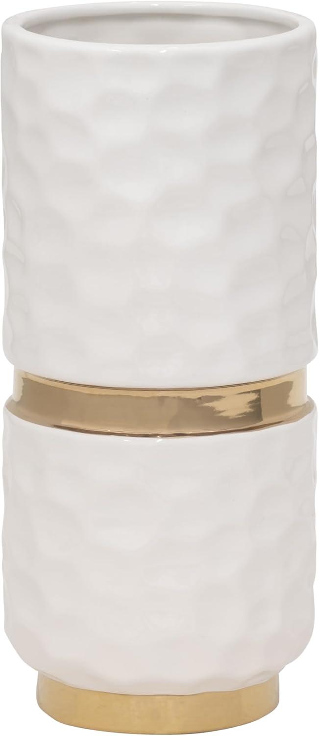 White and Gold Ceramic Belted 10" Table Vase